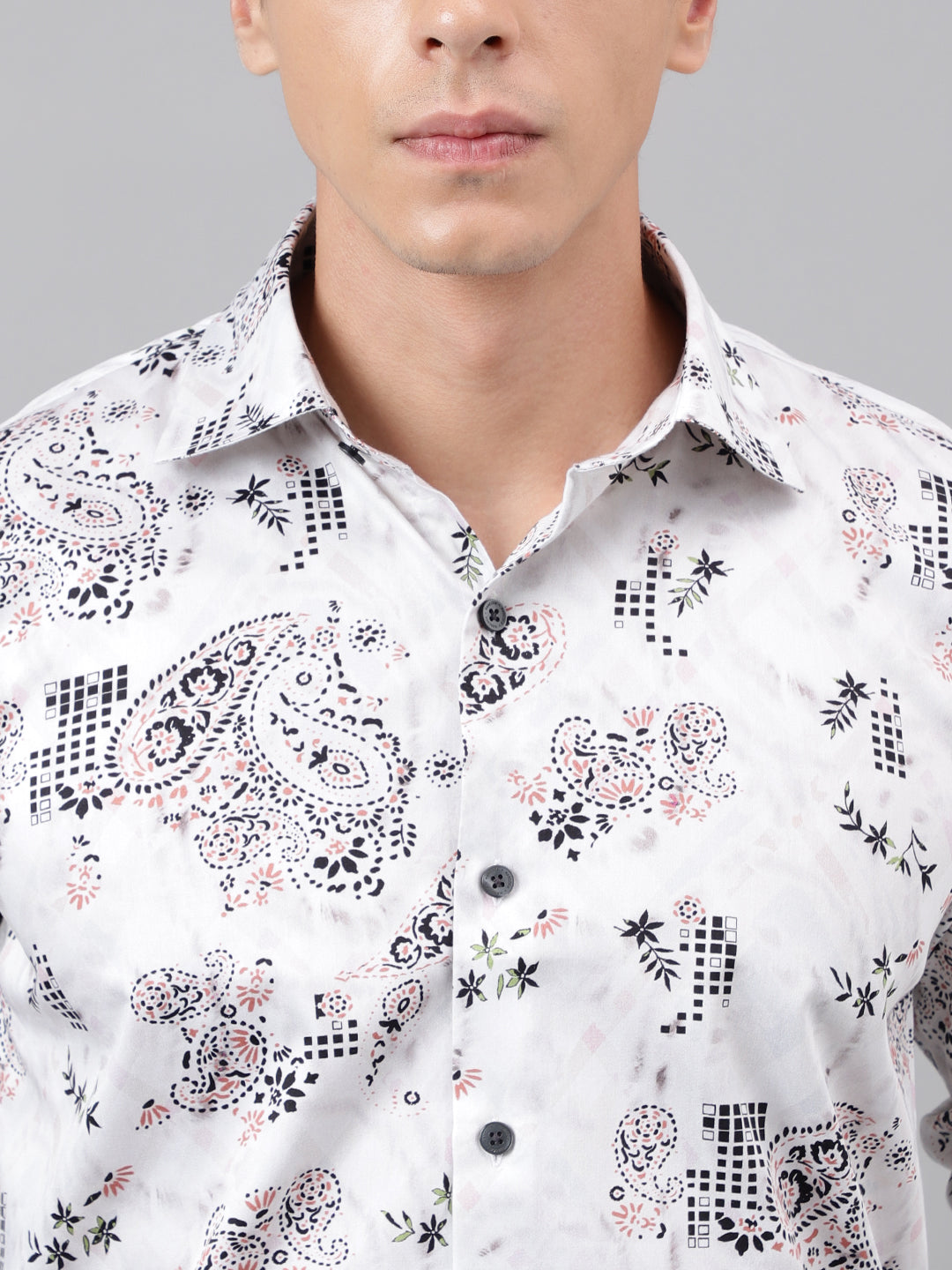 Men Light Grey & Black Floral Printed Cotton Satin Slim Fit Party Shirt