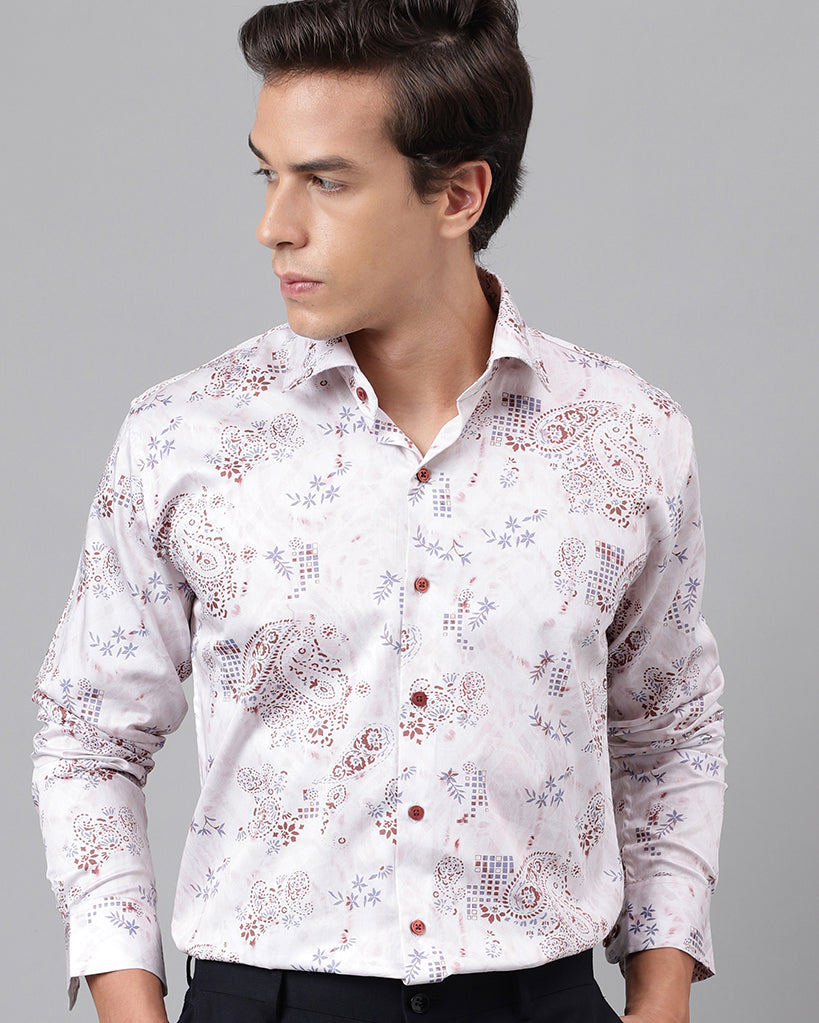 Men Light Pink & Blue Floral Printed Cotton Satin Slim Fit Party Shirt