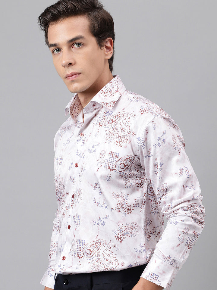 Men Light Pink & Blue Floral Printed Cotton Satin Slim Fit Party Shirt