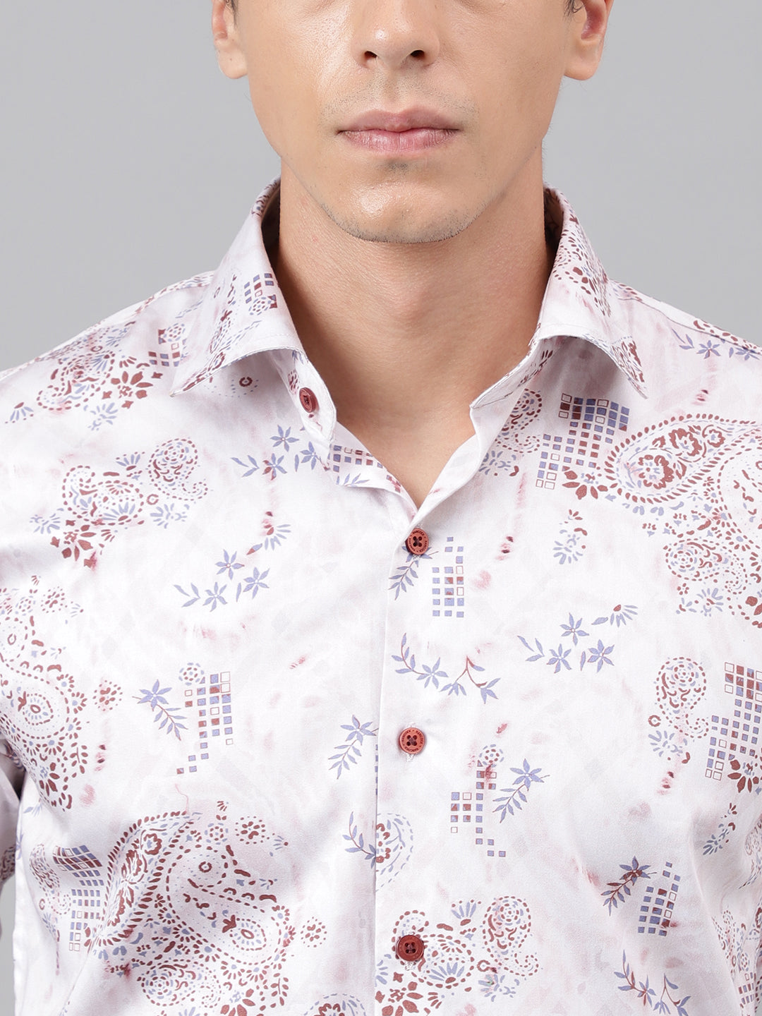 Men Light Pink & Blue Floral Printed Cotton Satin Slim Fit Party Shirt