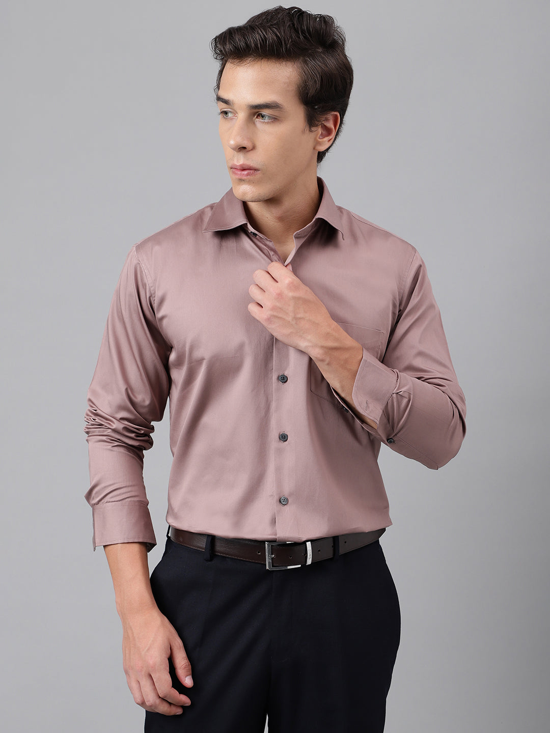 Hancock Men Dusty Mauve Solid Cotton Satin Slim Fit Party Shirt