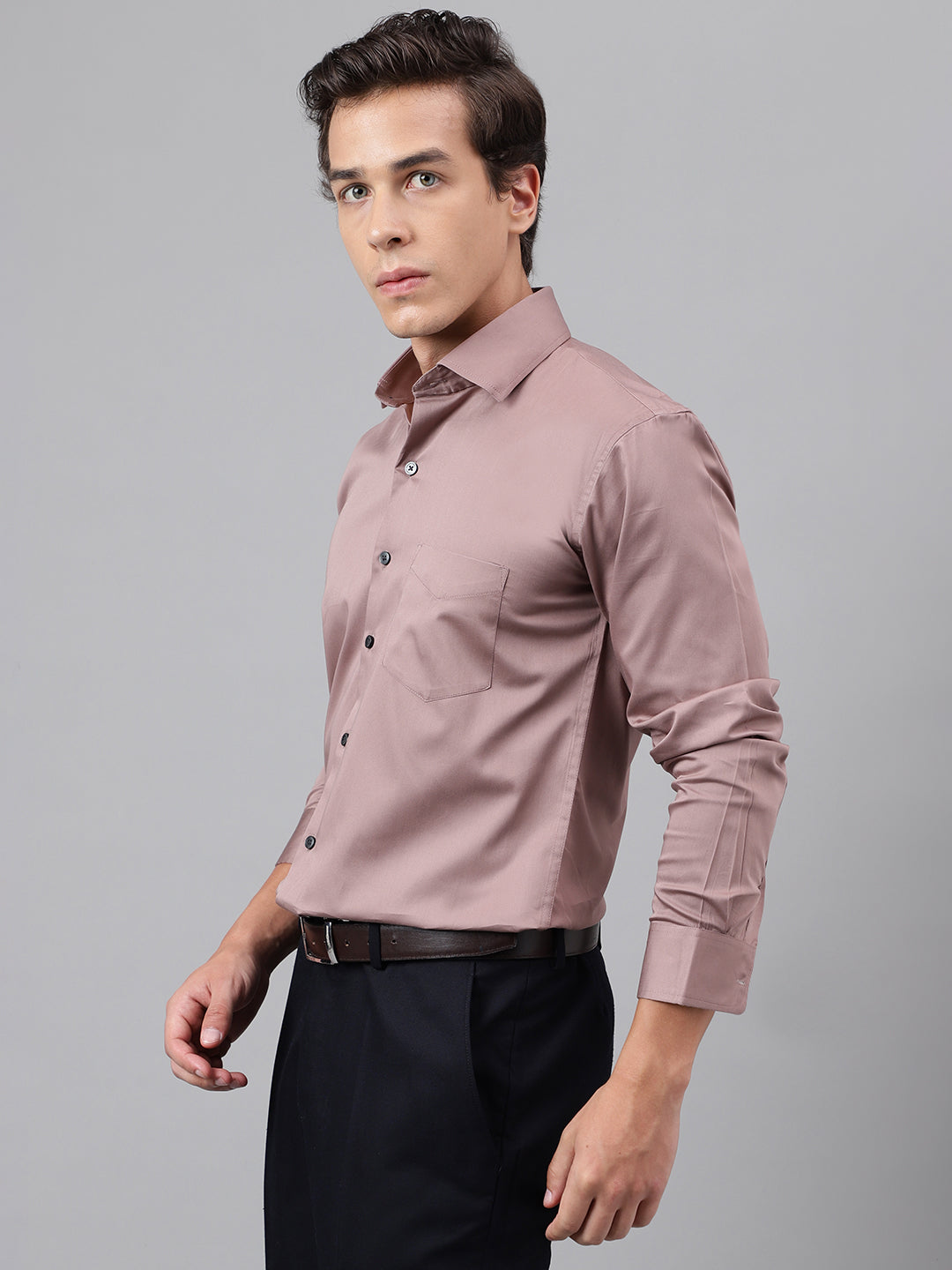 Men Dusty Mauve Solid Cotton Satin Slim Fit Party Shirt