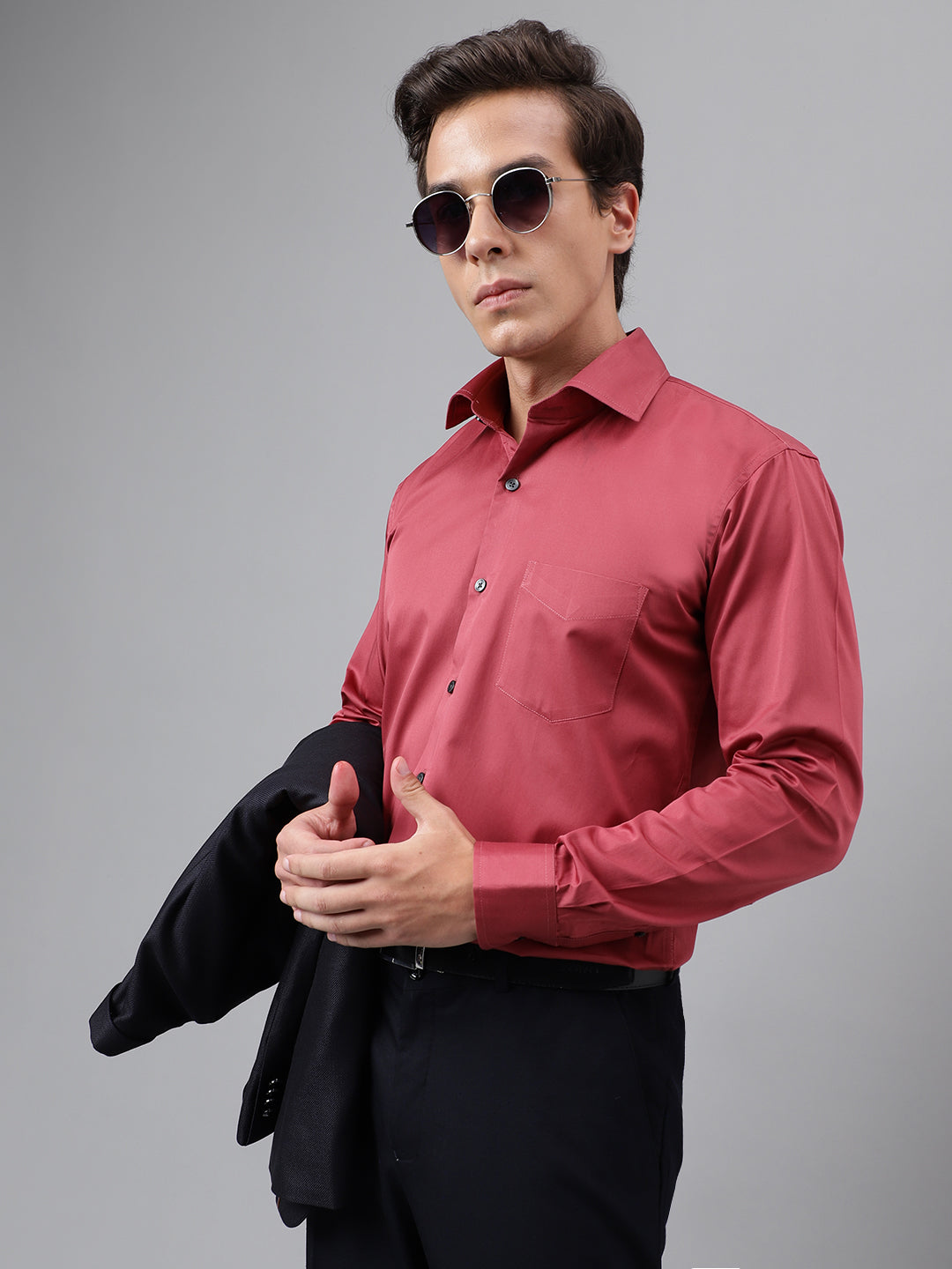 Men Grape Red Solid Cotton Satin Slim Fit Party Shirt