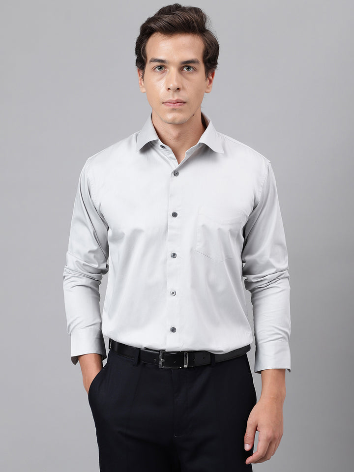 Men Light Grey Solid Cotton Satin Slim Fit Party Shirt