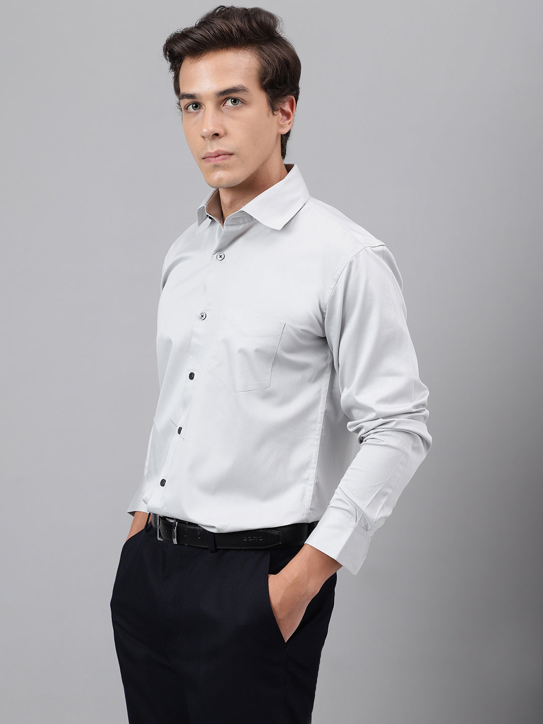 Men Light Grey Solid Cotton Satin Slim Fit Party Shirt