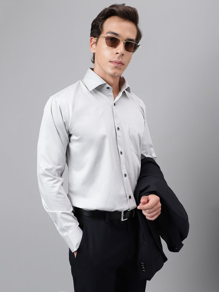 Men Light Grey Solid Cotton Satin Slim Fit Party Shirt