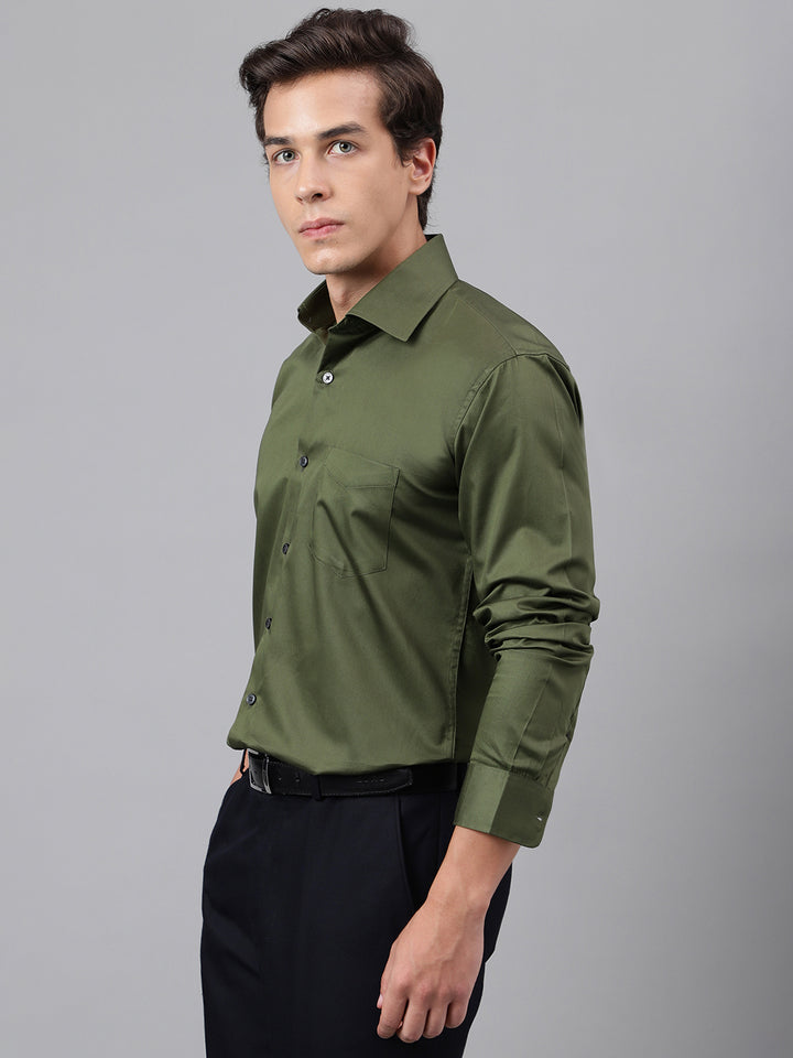 Men Olive Solid Cotton Satin Slim Fit Party Shirt