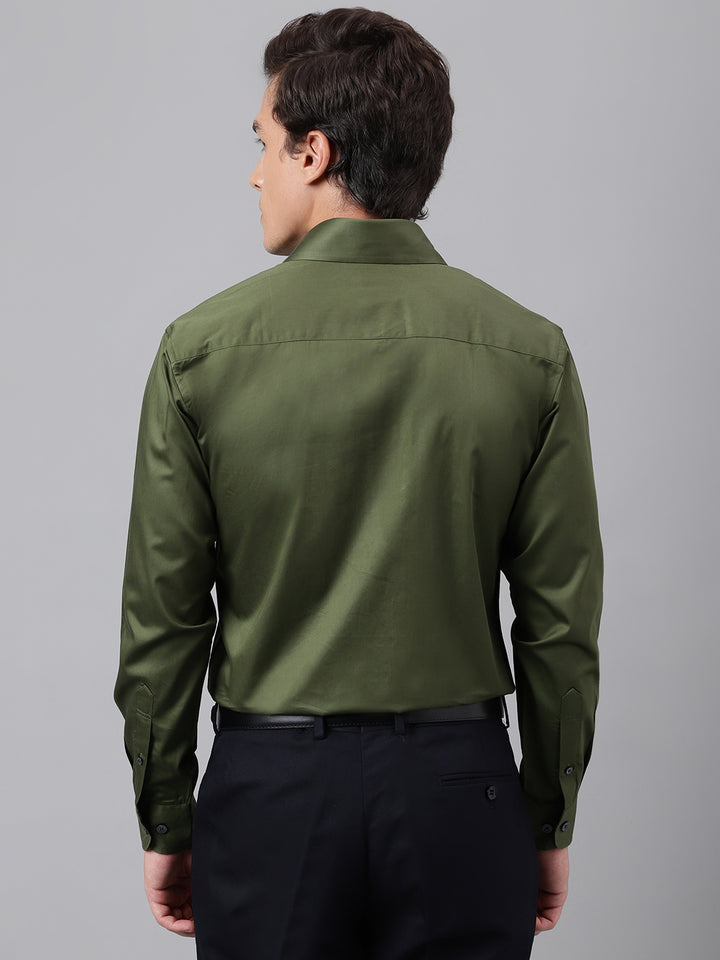 Men Olive Solid Cotton Satin Slim Fit Party Shirt