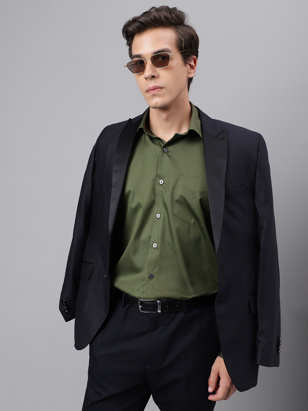 Men Olive Solid Cotton Satin Slim Fit Party Shirt