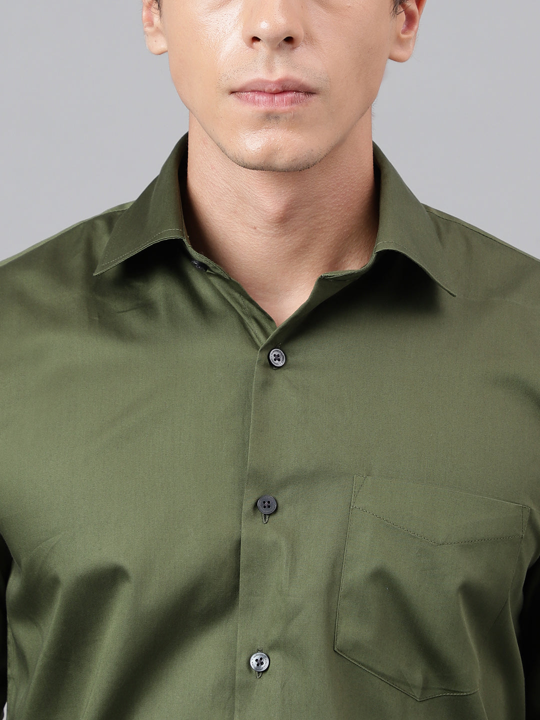 Men Olive Solid Cotton Satin Slim Fit Party Shirt