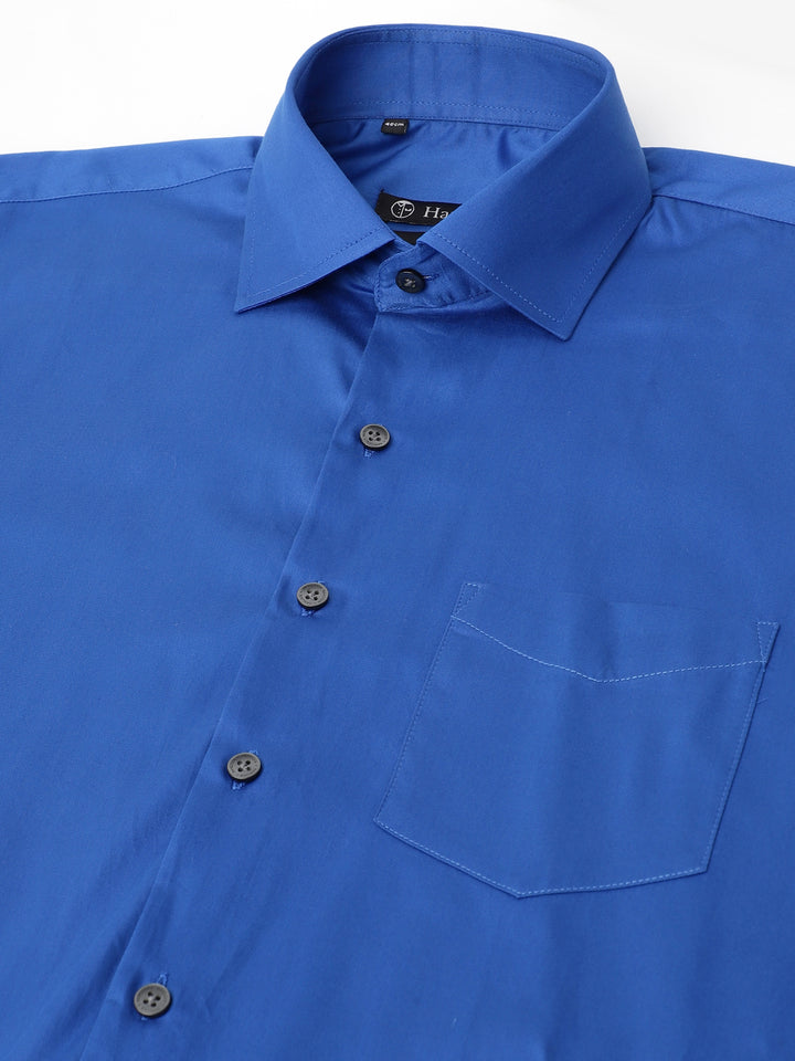 Men Royal Blue Solid Cotton Satin Slim Fit Party Shirt