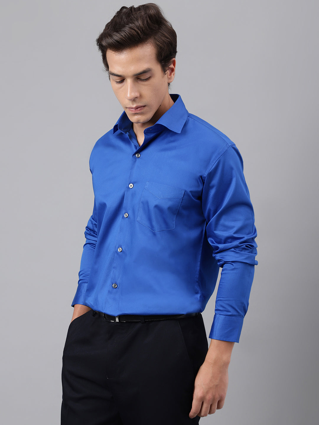 Men Royal Blue Solid Cotton Satin Slim Fit Party Shirt