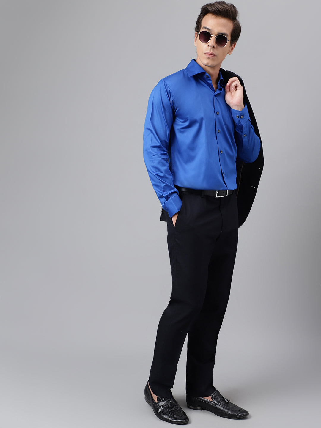 Men Royal Blue Solid Cotton Satin Slim Fit Party Shirt