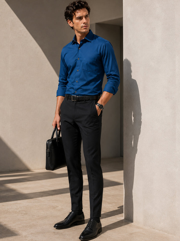 Men Turqoise Solid Cotton Satin Slim Fit Party Shirt