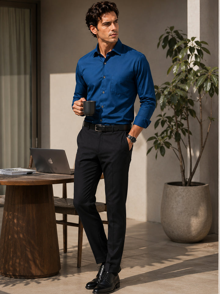 Men Turqoise Solid Cotton Satin Slim Fit Party Shirt