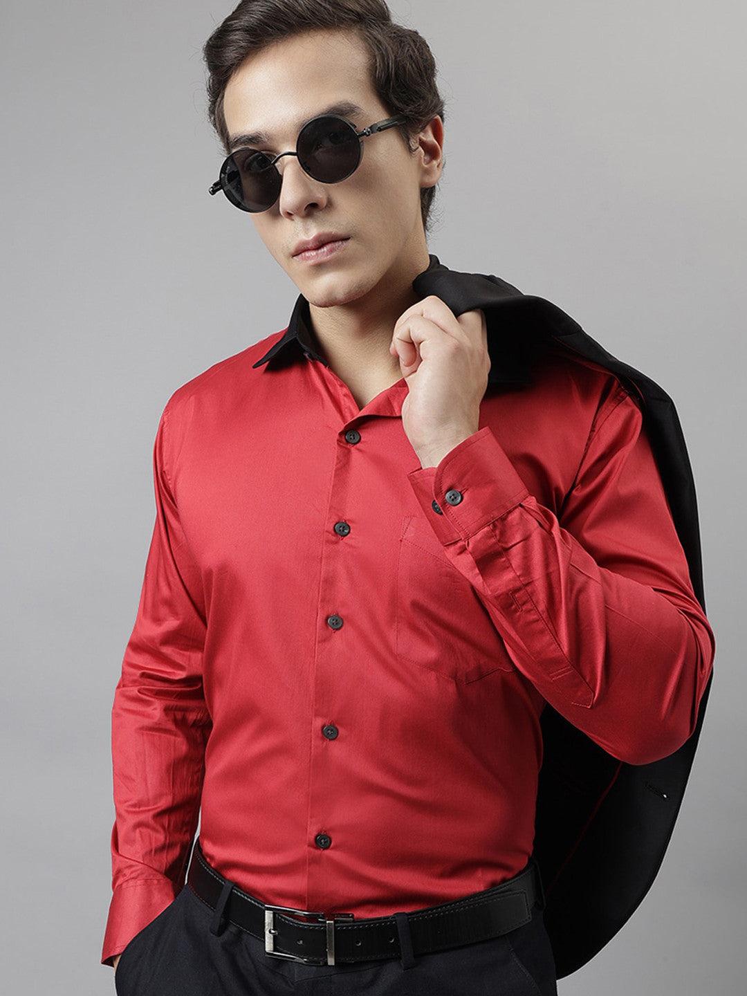 Hancock Men Red Solid Pure Cotton Slim Fit Party Shirt