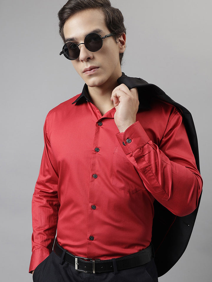 Hancock Men Red Solid Pure Cotton Slim Fit Party Shirt