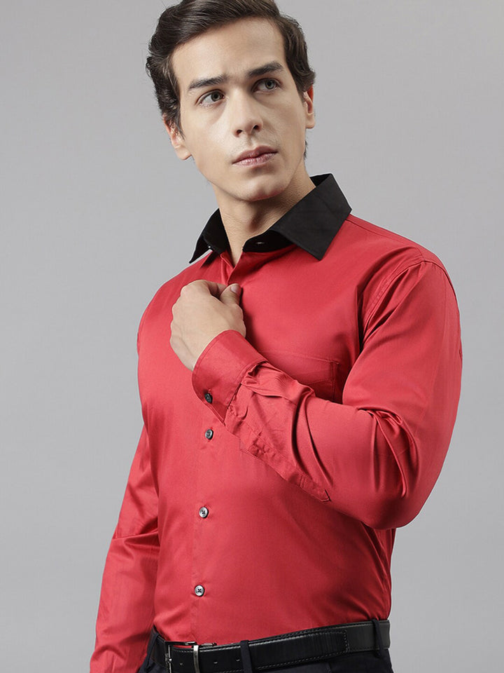 Hancock Men Red Solid Pure Cotton Slim Fit Party Shirt