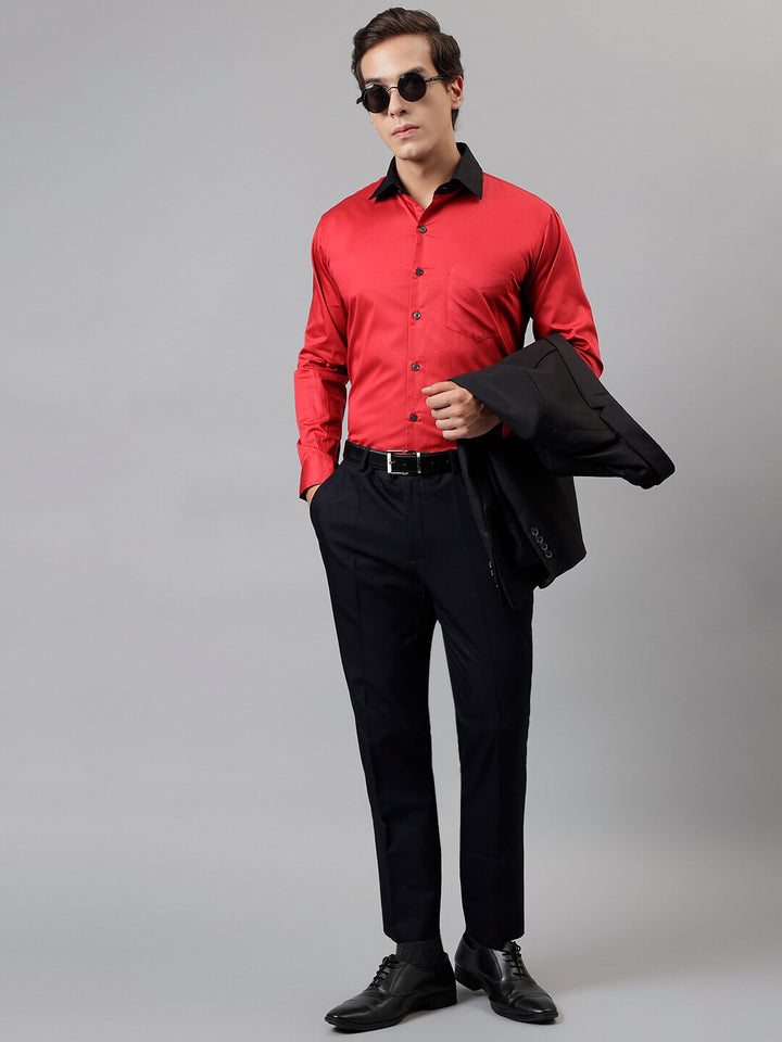 Hancock Men Red Solid Pure Cotton Slim Fit Party Shirt