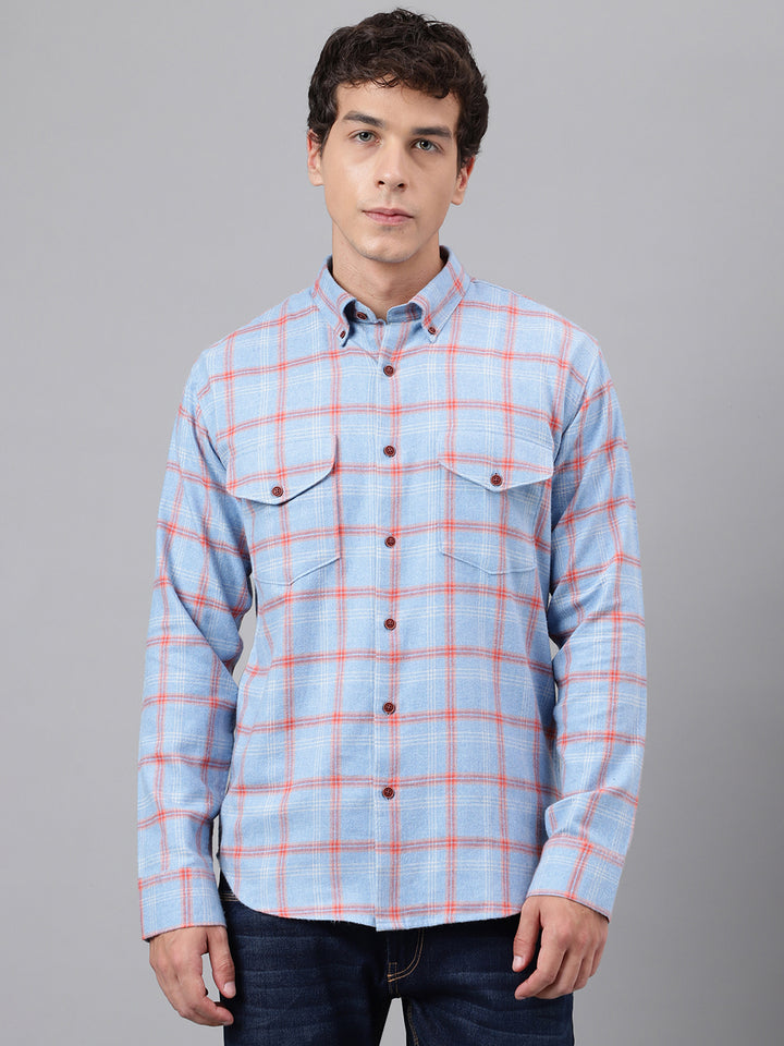 Men Sky Blue & White Tartan Flannel Checked Pure Cotton Slim Fit Casual Shirt