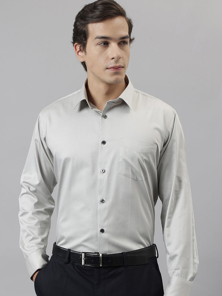 Men Grey Solid French Cuff Pure Cotton Satin Slim Fit Formal Shirt