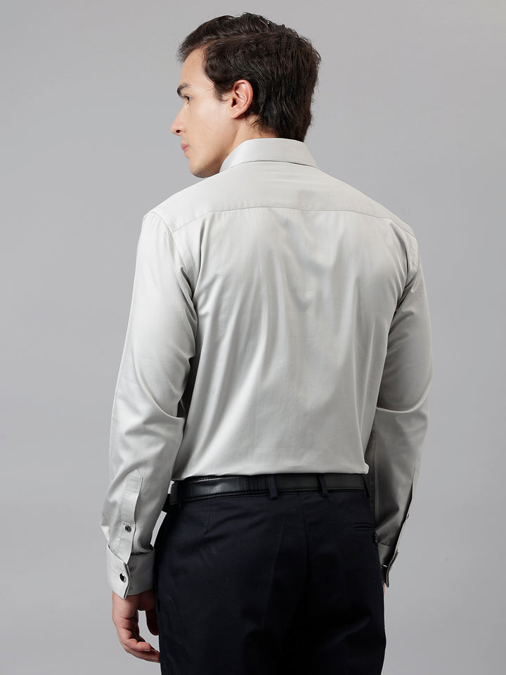 Men Grey Solid French Cuff Pure Cotton Satin Slim Fit Formal Shirt