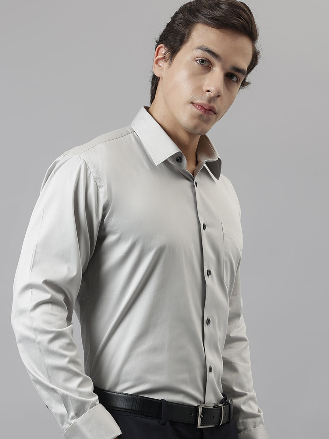 Men Grey Solid French Cuff Pure Cotton Satin Slim Fit Formal Shirt