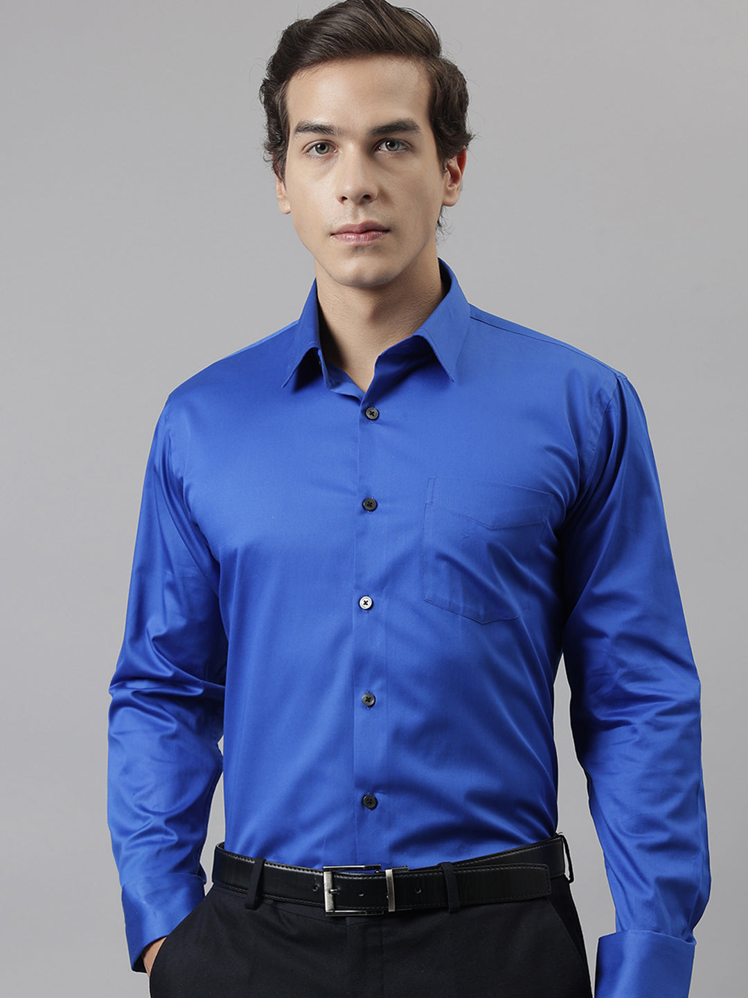 Men Royal Blue Solid French Cuff Pure Cotton Satin Slim Fit Formal Shirt