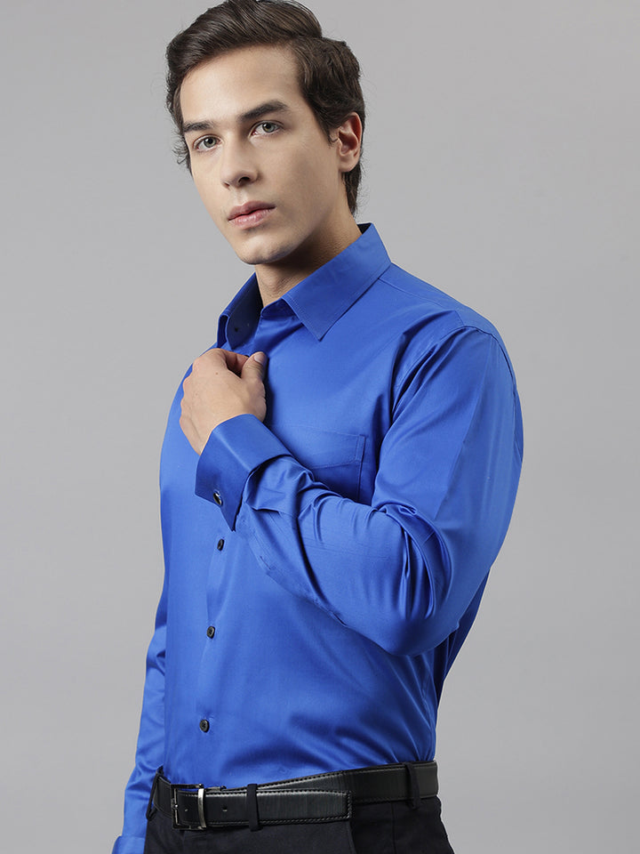 Men Royal Blue Solid French Cuff Pure Cotton Satin Slim Fit Formal Shirt