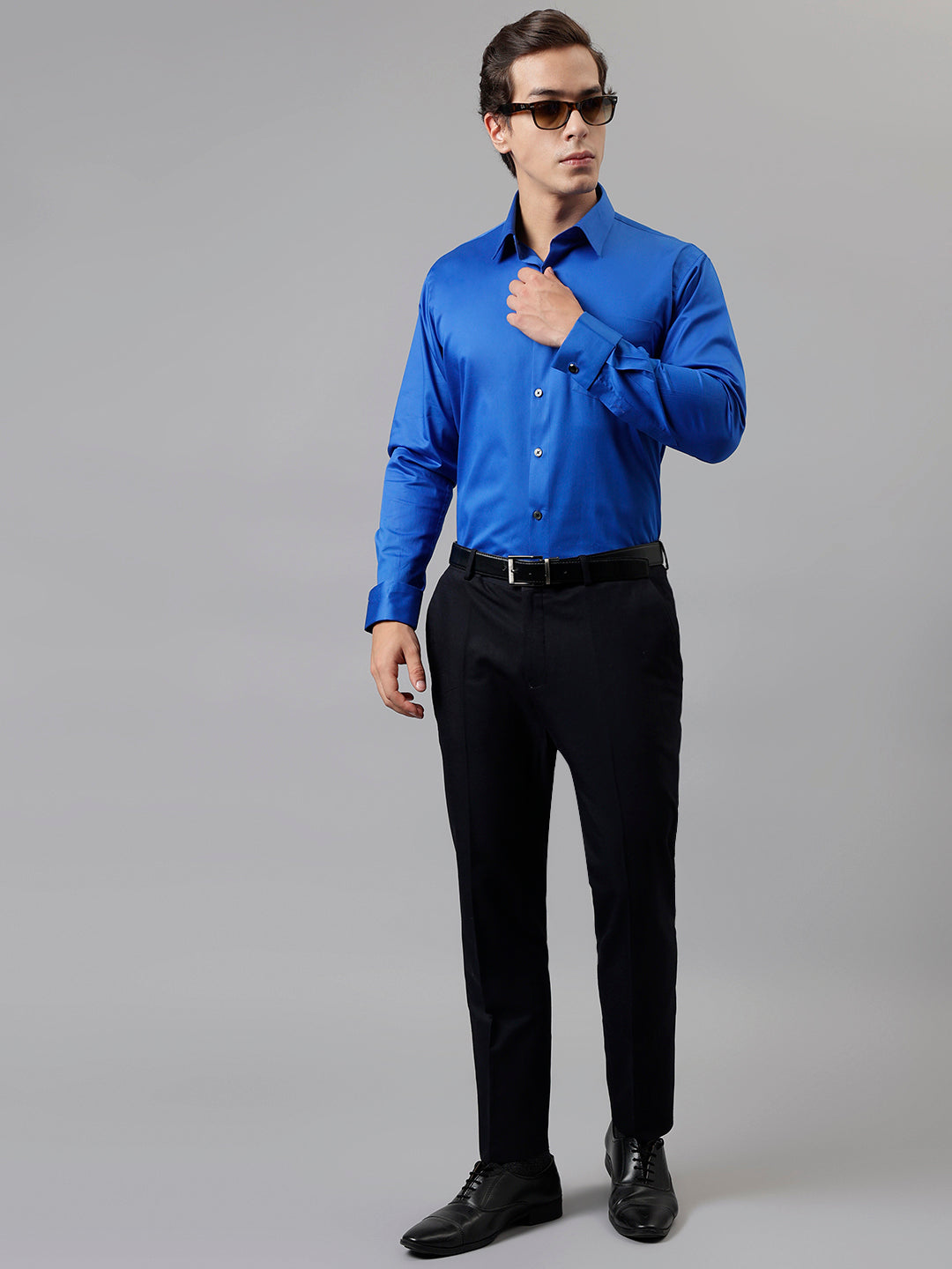 Men Royal Blue Solid French Cuff Pure Cotton Satin Slim Fit Formal Shirt