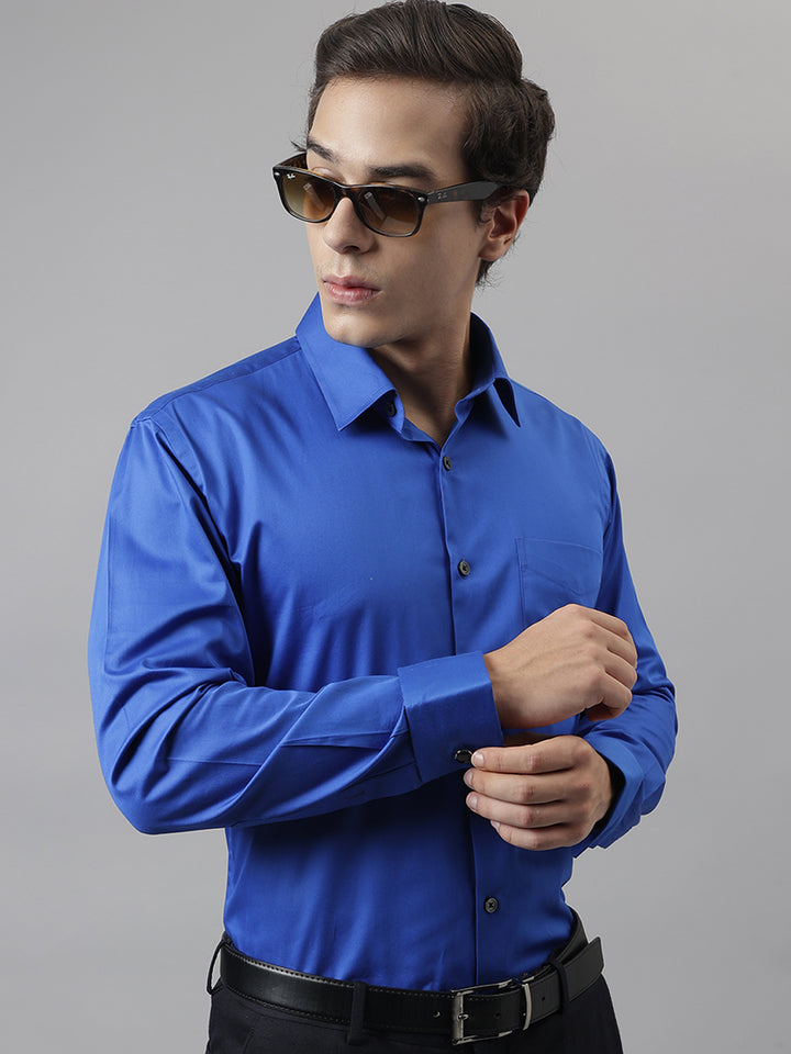 Men Royal Blue Solid French Cuff Pure Cotton Satin Slim Fit Formal Shirt