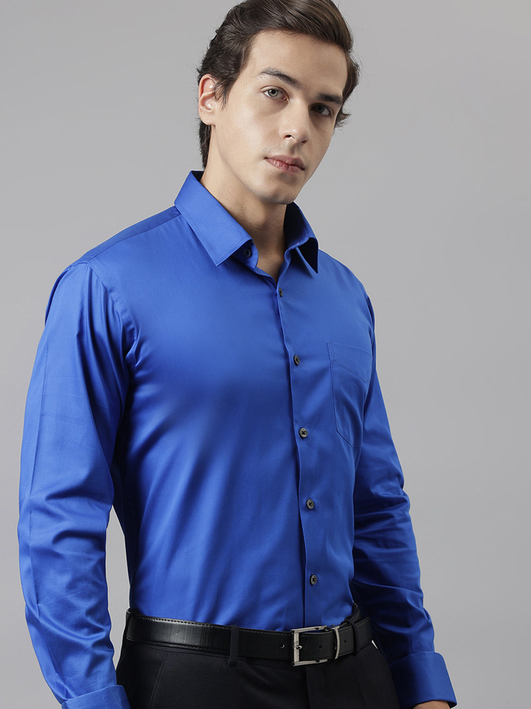 Men Royal Blue Solid French Cuff Pure Cotton Satin Slim Fit Formal Shirt