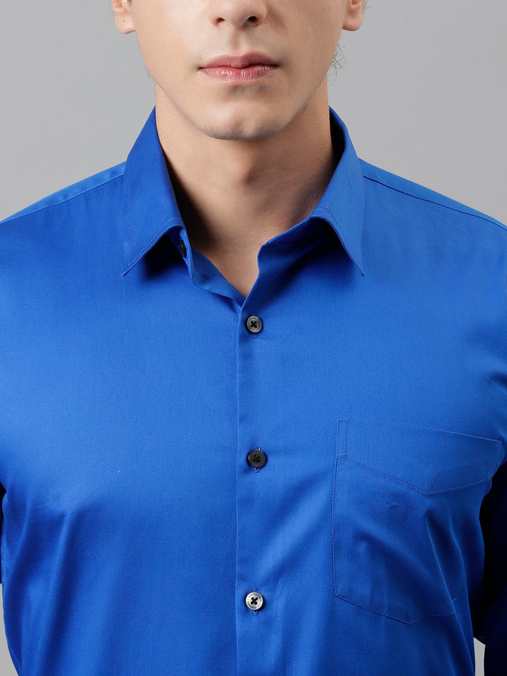 Men Royal Blue Solid French Cuff Pure Cotton Satin Slim Fit Formal Shirt