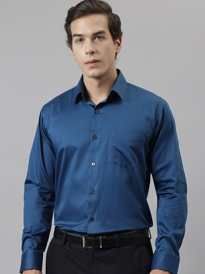 Men Turquoise Blue Solid French Cuff Pure Cotton Satin Slim Fit Formal Shirt