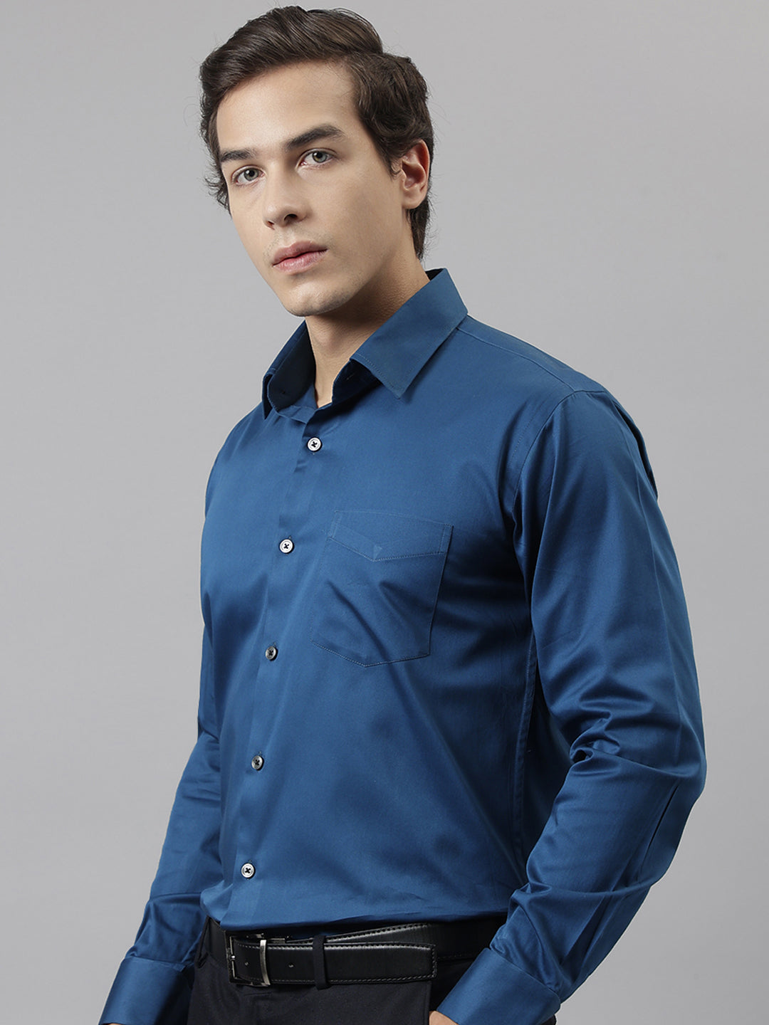 Men Turquoise Blue Solid French Cuff Pure Cotton Satin Slim Fit Formal Shirt