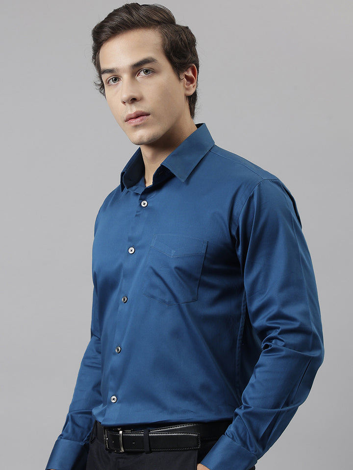 Men Turquoise Blue Solid French Cuff Pure Cotton Satin Slim Fit Formal Shirt