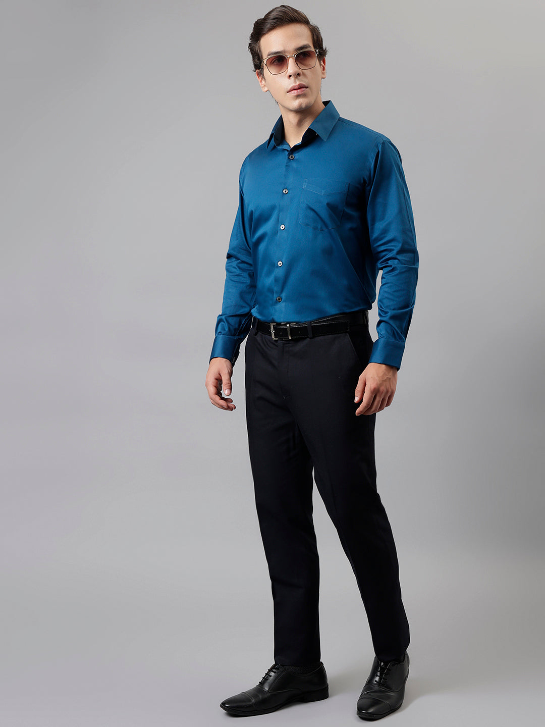 Men Turquoise Blue Solid French Cuff Pure Cotton Satin Slim Fit Formal Shirt