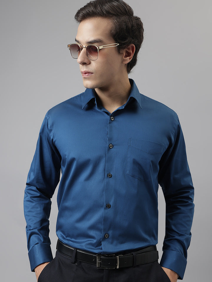 Men Turquoise Blue Solid French Cuff Pure Cotton Satin Slim Fit Formal Shirt