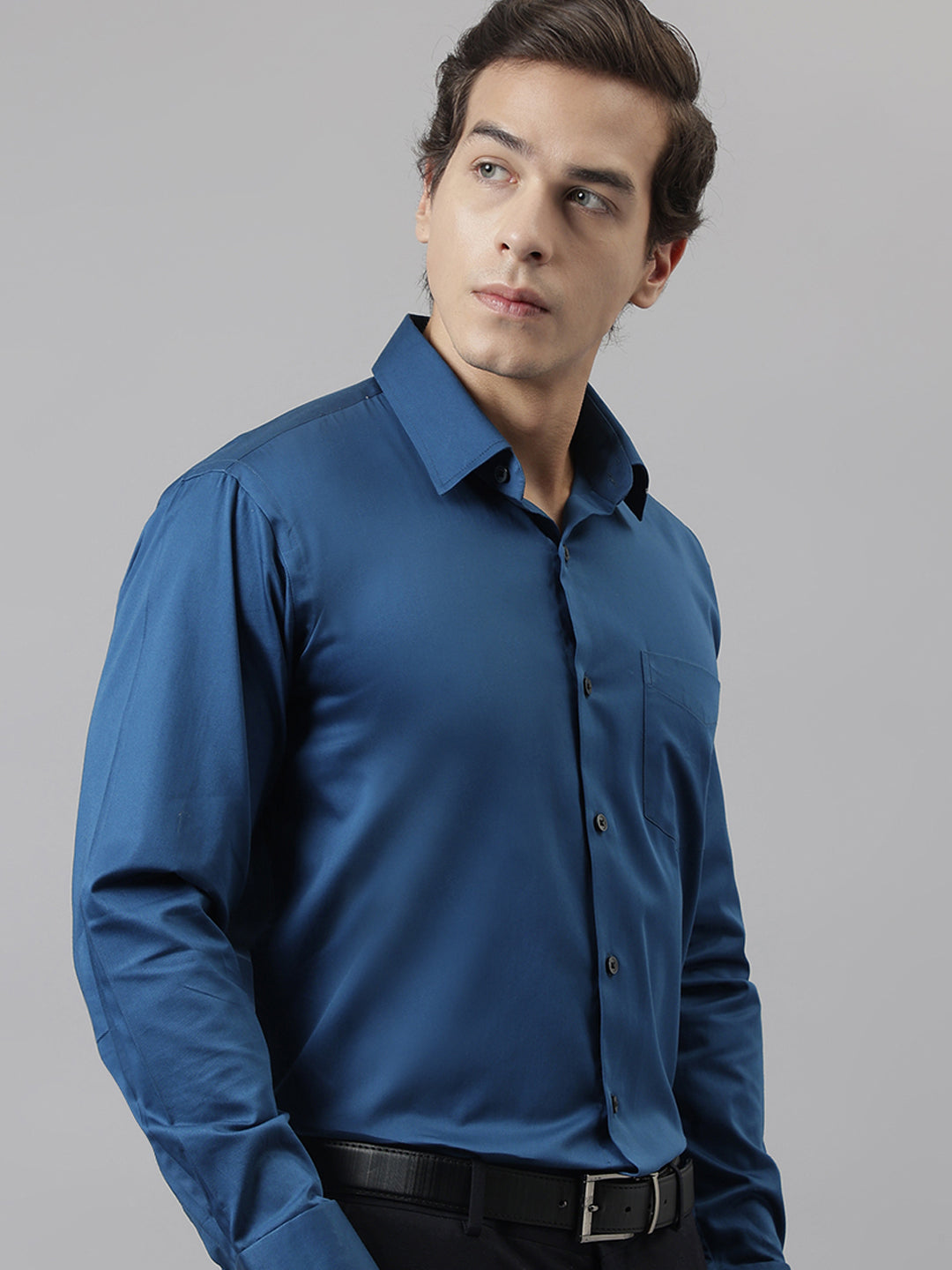 Men Turquoise Blue Solid French Cuff Pure Cotton Satin Slim Fit Formal Shirt