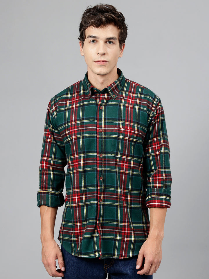 Men Green & Red Pure Cotton Tartan Flannel Checked Button Down Collar Slim Fit Casual Shirt