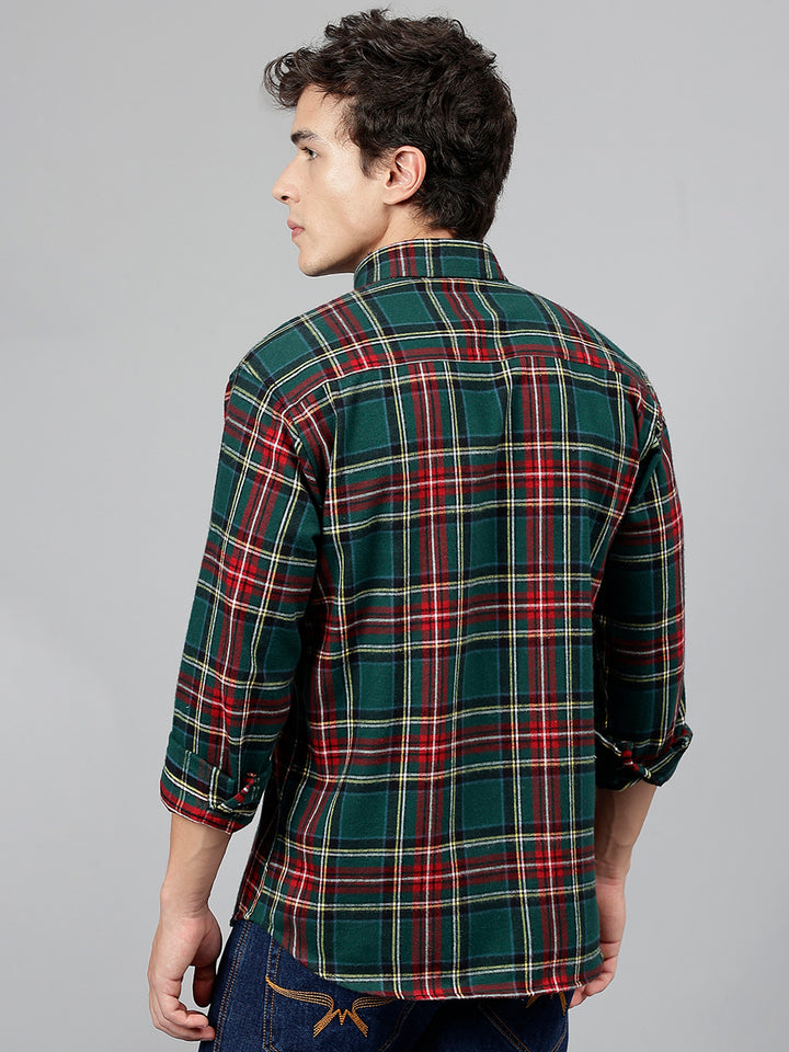 Men Green & Red Pure Cotton Tartan Flannel Checked Button Down Collar Slim Fit Casual Shirt