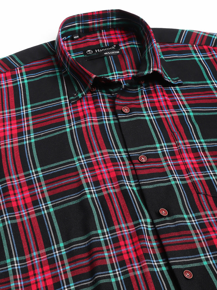 Hanock Men Black & Red Pure Cotton Tartan Flannel Checked Slim Fit Casual Shirt