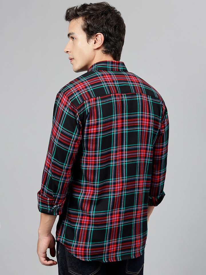 Hanock Men Black & Red Pure Cotton Tartan Flannel Checked Slim Fit Casual Shirt