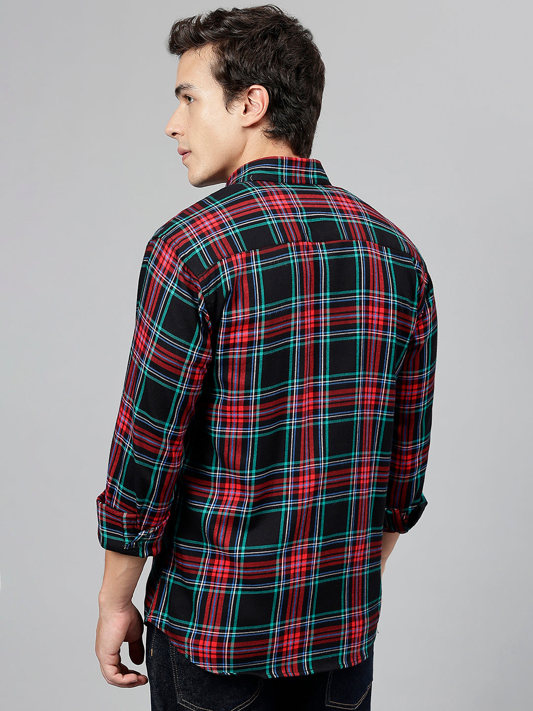 Hanock Men Black Red Pure Cotton Tartan Flannel Checked Slim Fit Casual Shirt