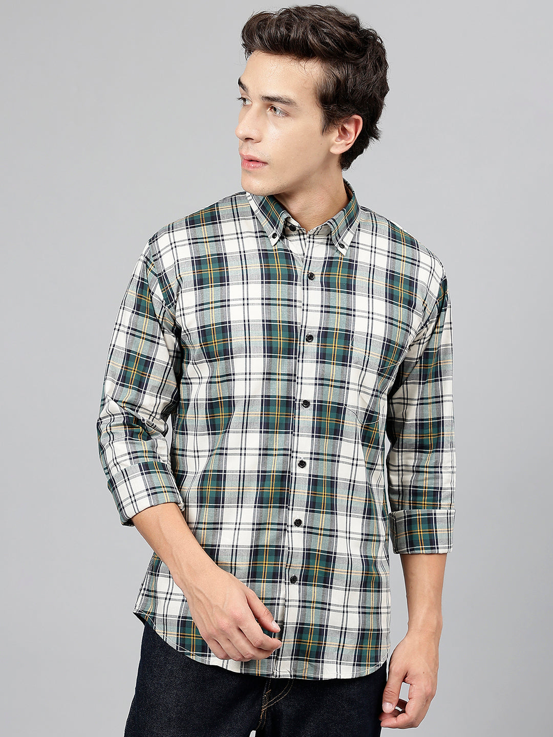 Men Green & Beige Pure Cotton Tartan Flannel Checked Button-Down Collar Slim Fit Casual Shirt