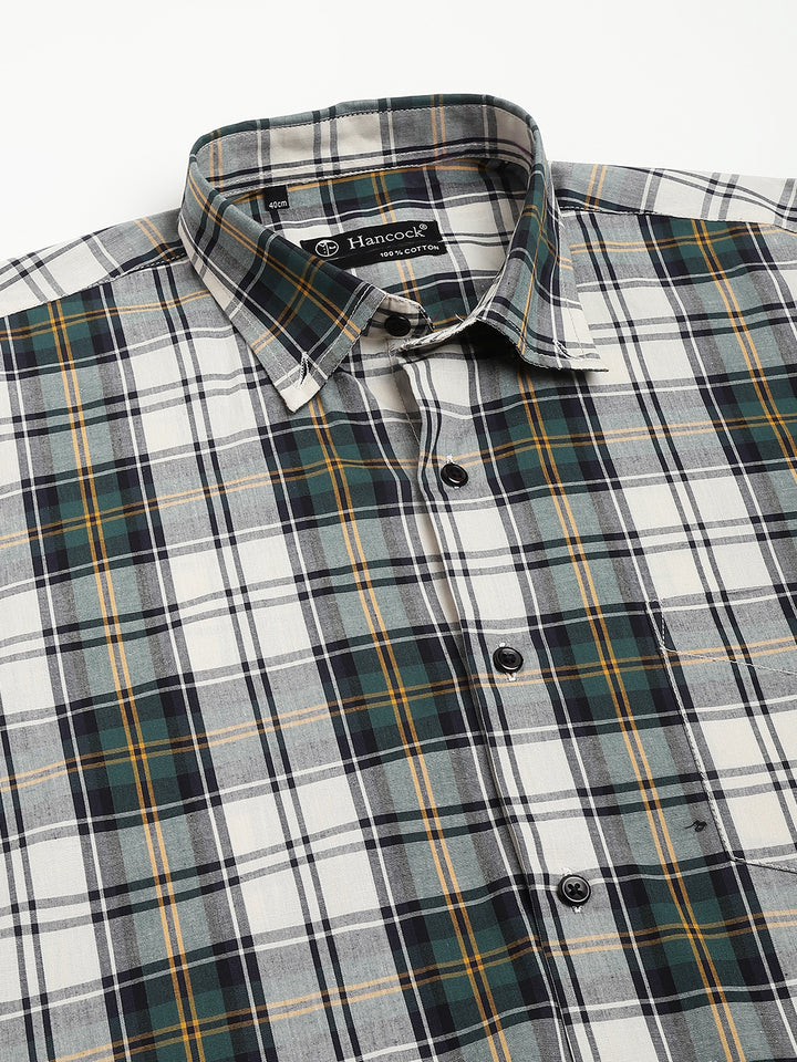 Men Green & Beige Pure Cotton Tartan Flannel Checked Button-Down Collar Slim Fit Casual Shirt