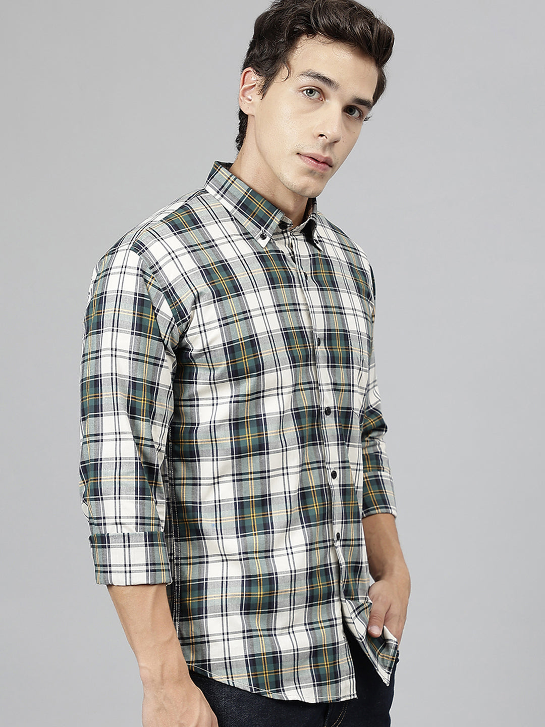 Men Green & Beige Pure Cotton Tartan Flannel Checked Button-Down Collar Slim Fit Casual Shirt