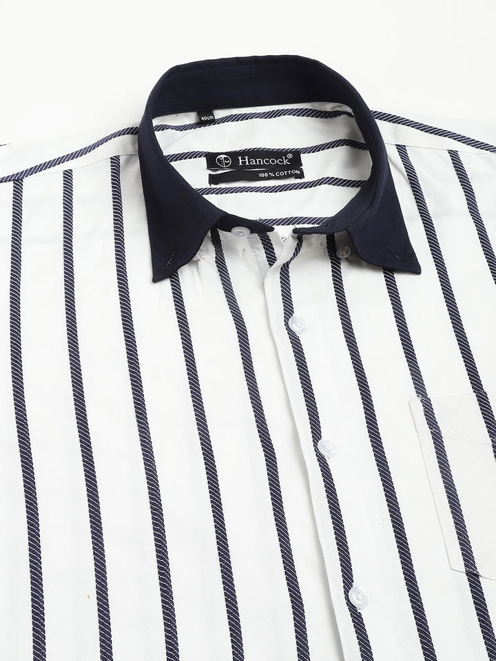 Men White & Navy Pure Cotton Striped Self Design Button Down Collar Slim Fit Casual Shirt
