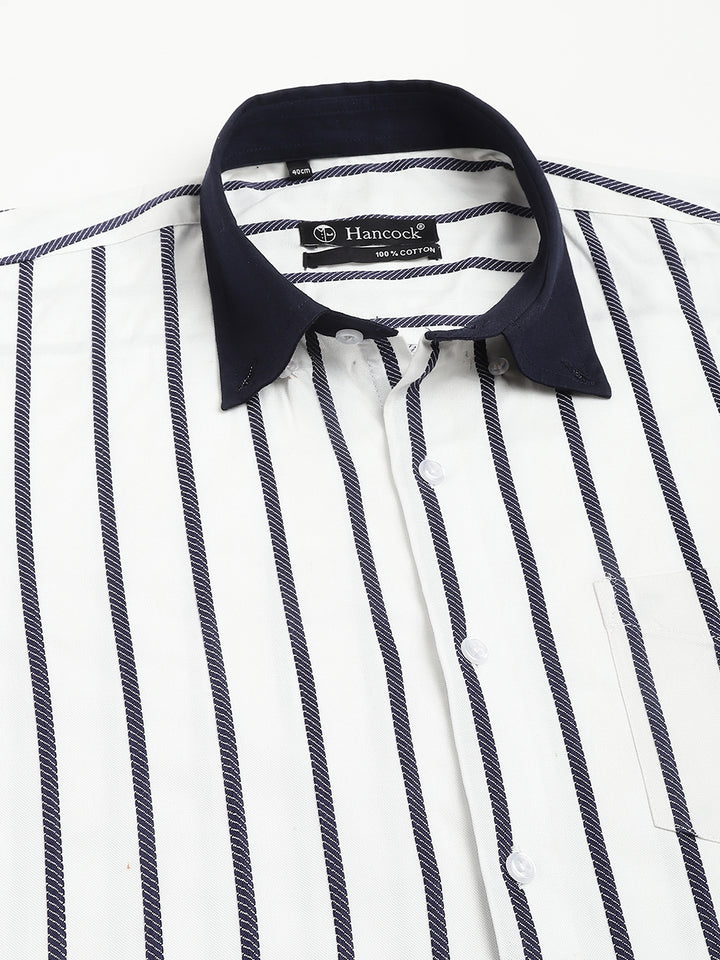 Men White & Navy Pure Cotton Striped Self Design Button Down Collar Slim Fit Casual Shirt
