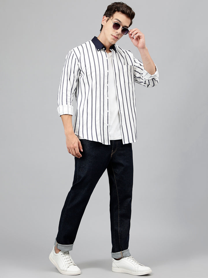 Men White & Navy Pure Cotton Striped Self Design Button Down Collar Slim Fit Casual Shirt